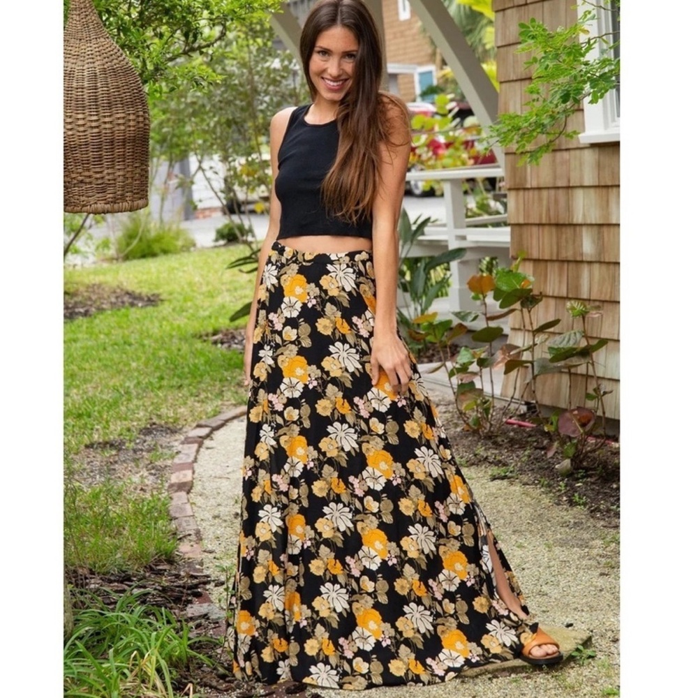 NATURAL LIFE Black and Orange Floral Maxi Skirt